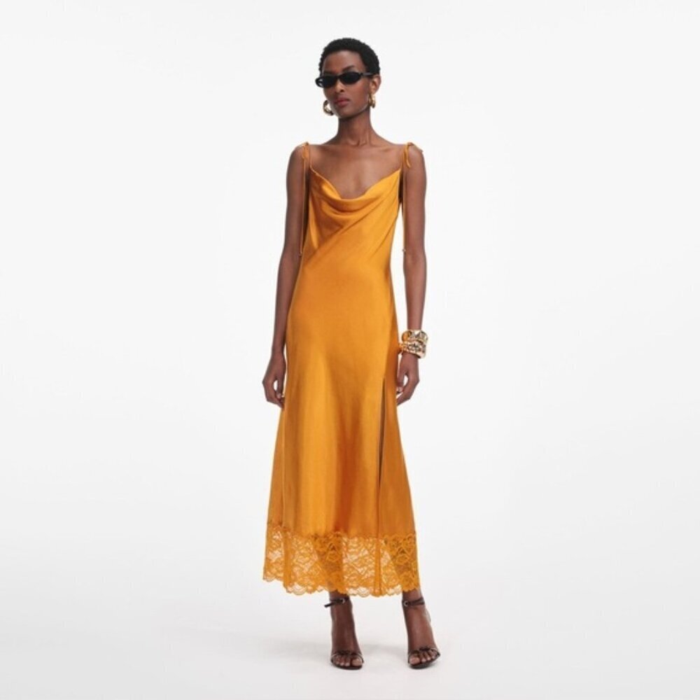 NEW Self-Portrait Burnt Orange Satin Midi Dress Lace | US 0 UK 4 - Picture 2 of 12
